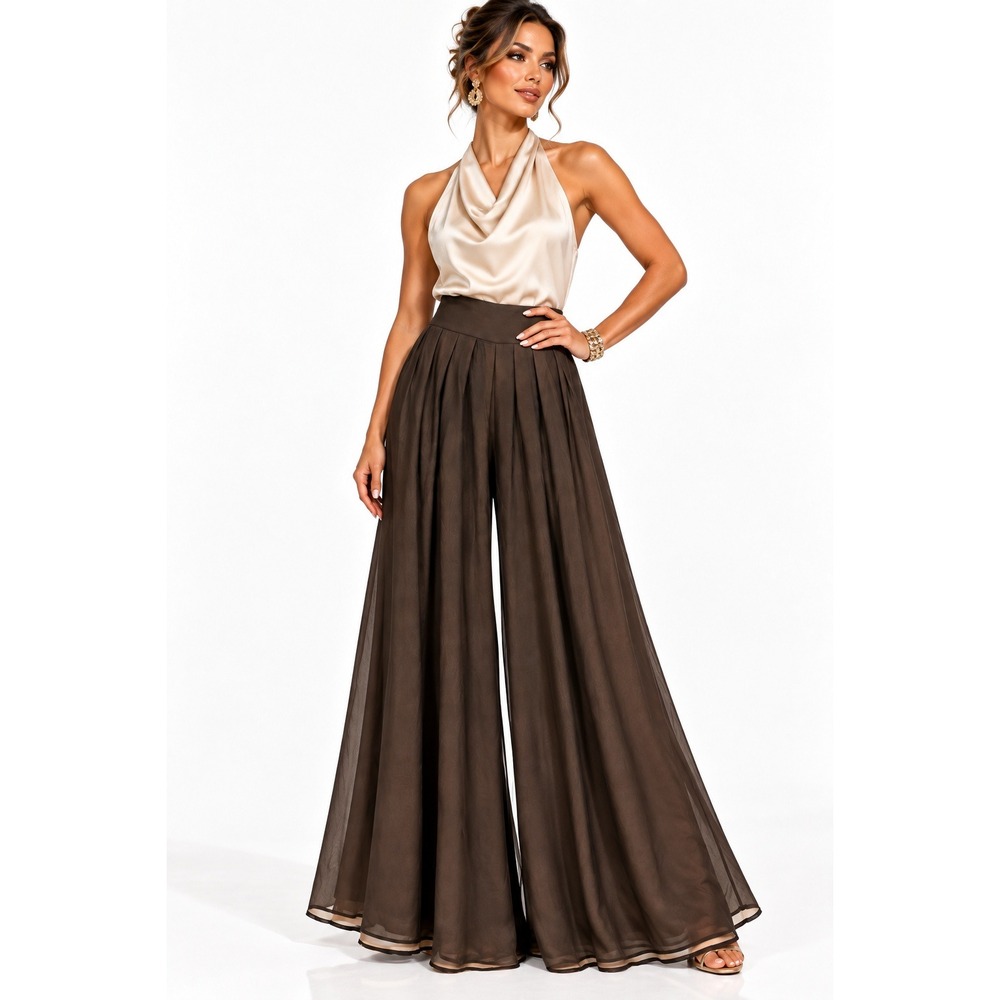 Carmen Marc Valvo Brown 100% Silk Wide Leg Palazzo Pants Size 12 High Rise